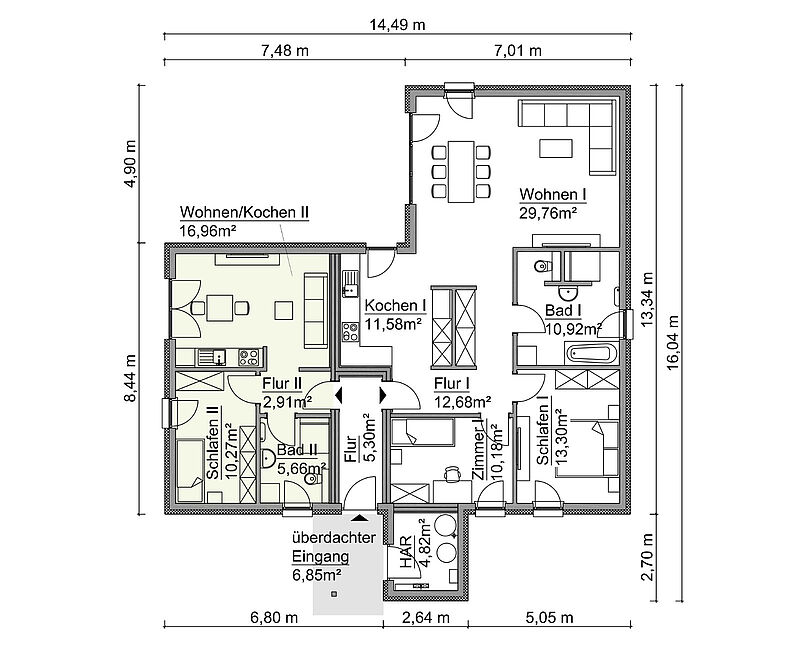 Grundriss eines Hauses mit Einliegerwohnung