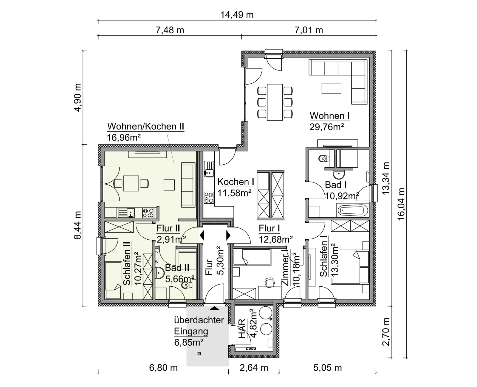 Grundriss eines Hauses mit Einliegerwohnung