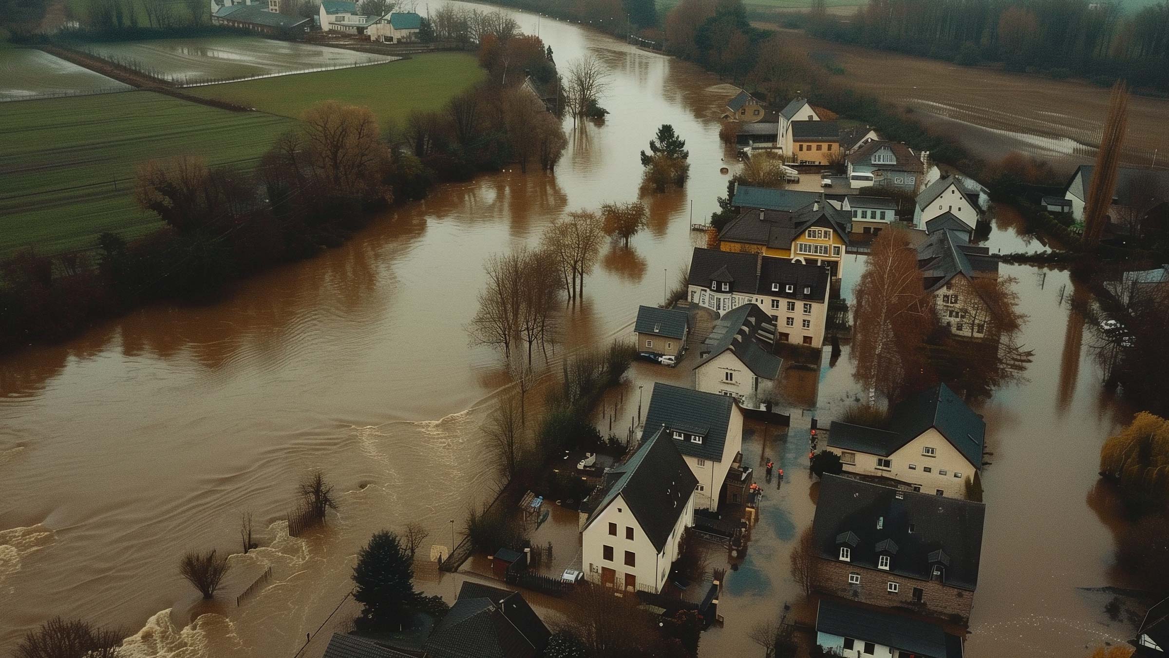 Ein Fluss ist über das Ufer getreten und überschwemmt ein Dorf